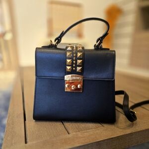 Chic Valentino Purse Black Leather w/ Gold Stud Details Top Handle Crossbody Bag